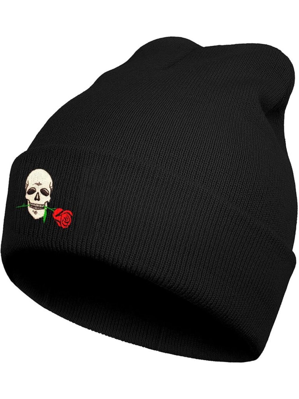 Unisax Black Skull and Rose Warm Cuffed Skull Soft Slouchy Halloween Beanie Hats